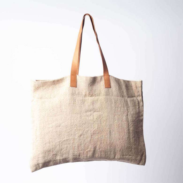 Jute Tote Bag With Leather Handle In Natural Stone