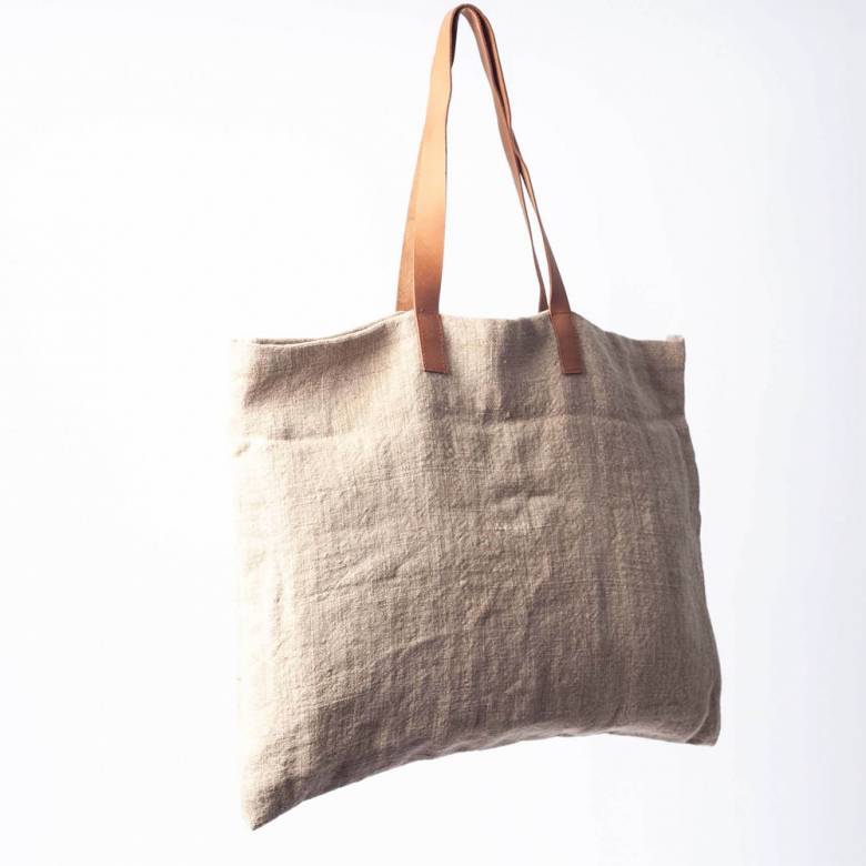 Jute Tote Bag With Leather Handle In Natural Stone
