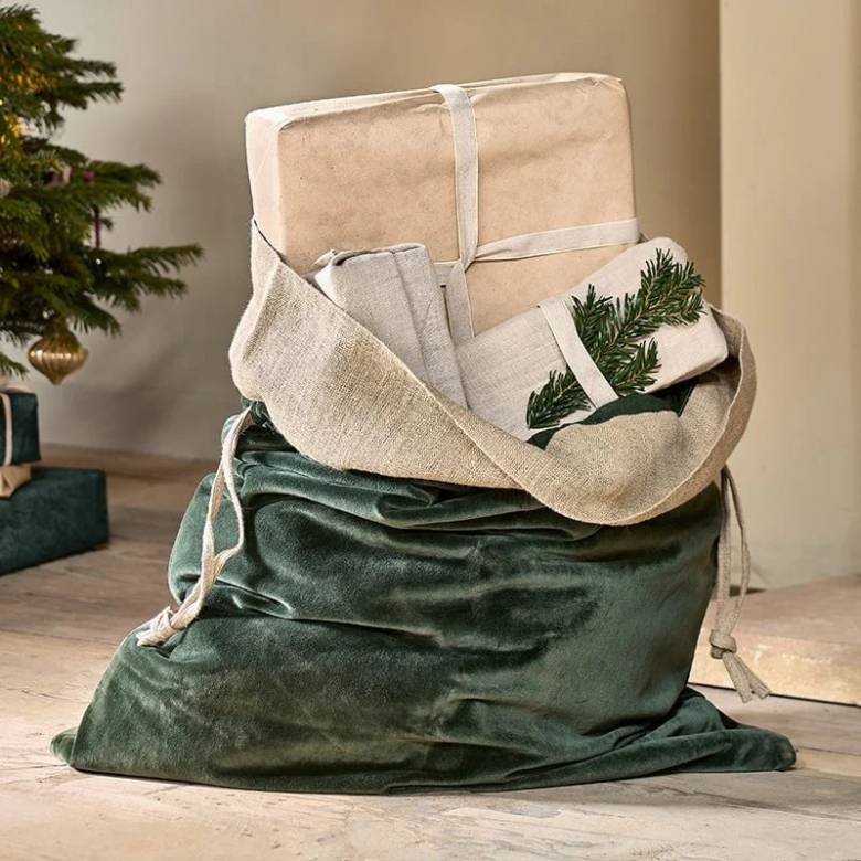 Karru Cotton Velvet Christmas Sack In Forest Green