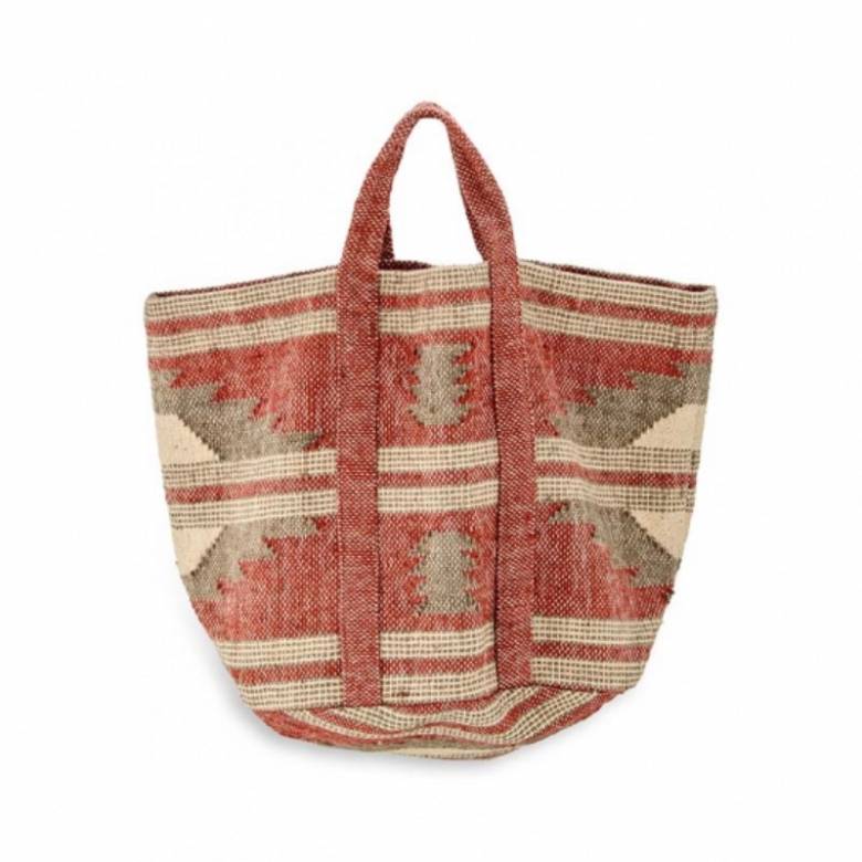 Kilim Cotton Basket With Handles In Rust