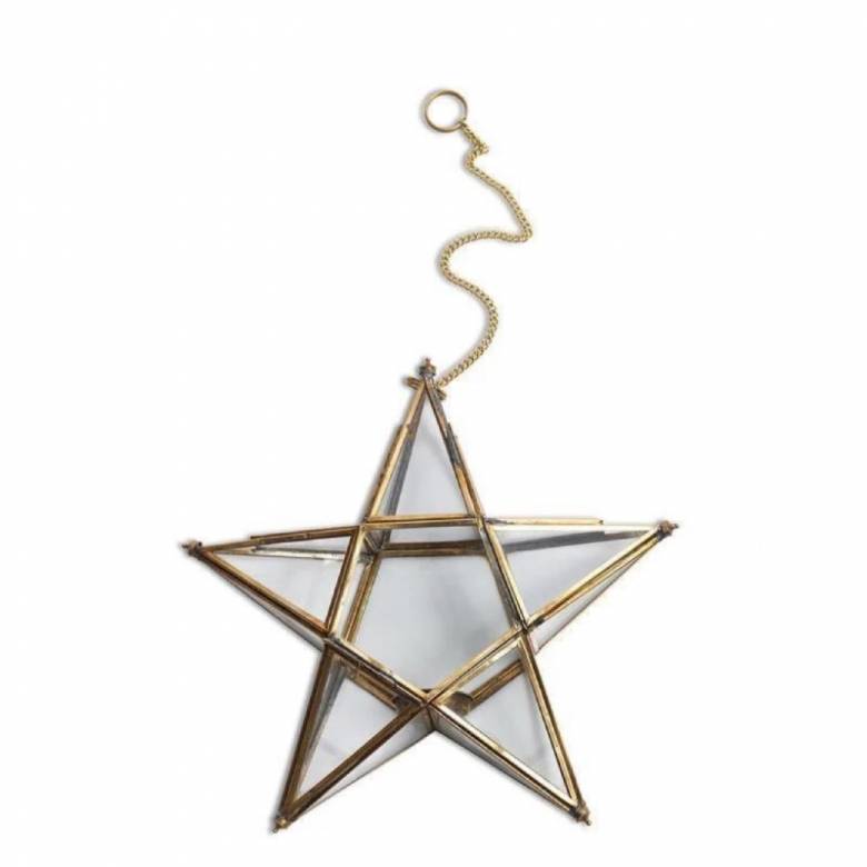 Large Glass Star Hanging Decoration In Antique Brass