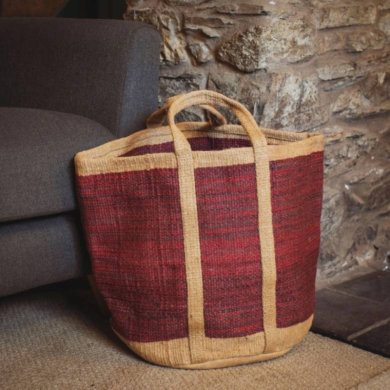 Large Jute Basket With Handles In Black & Pink