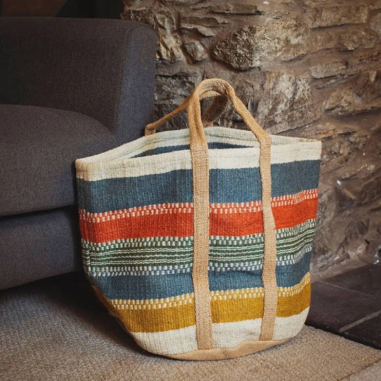 Large Jute Basket With Handles In Multi-Colour Stripe