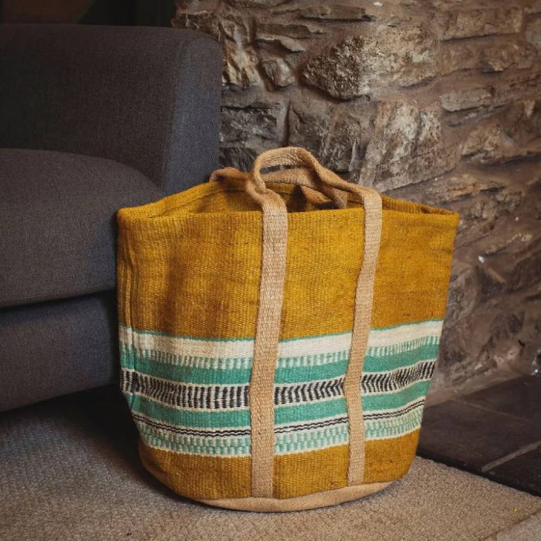Large Jute Basket With Handles In Mustard & Aqua