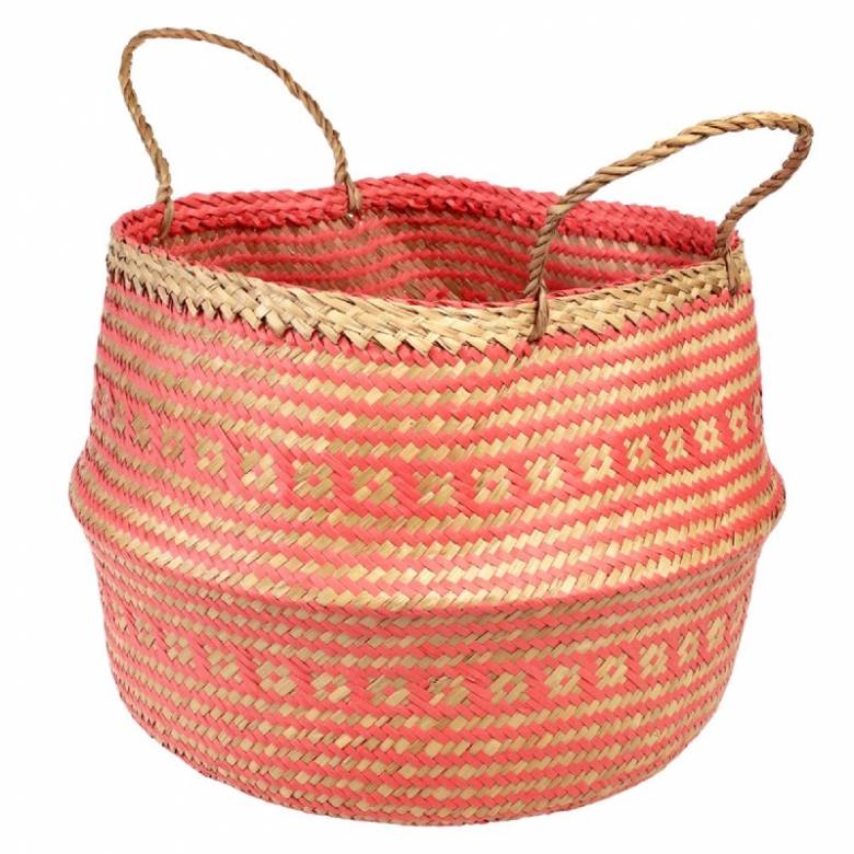 Large Round Seagrass Basket With Handles In Coral