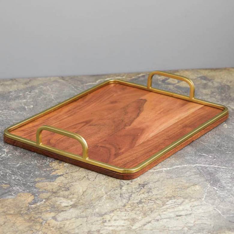 Large Teak Tray With Brass Trim & Handles