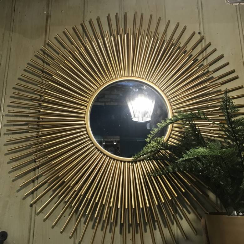 Layered Metal Tubular Sunburst Mirror In Gold