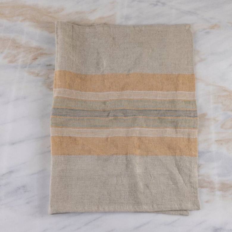 Linen Tea Towel In Pale Orange With Blue & White Stripes