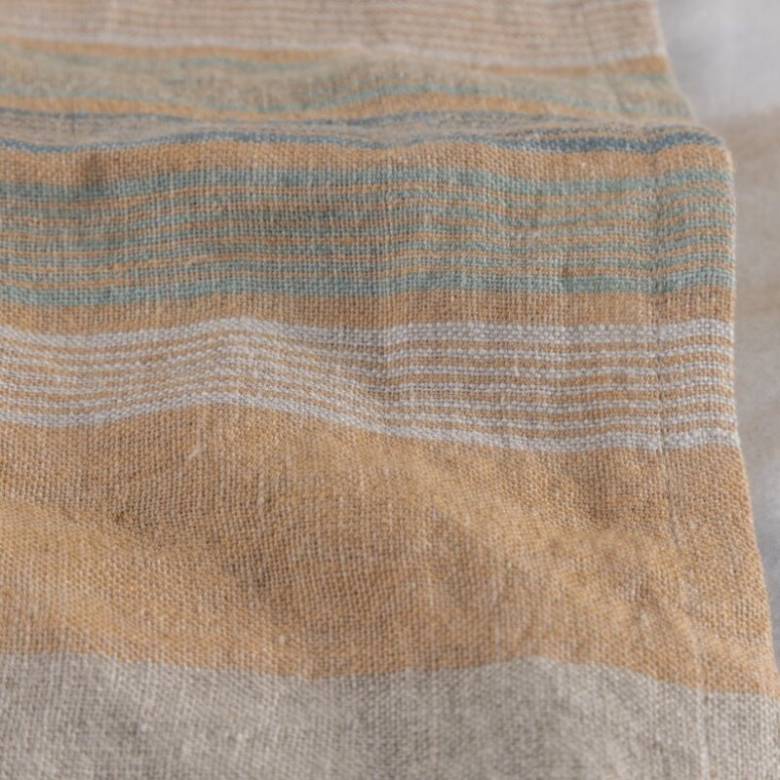 Linen Tea Towel In Pale Orange With Blue & White Stripes