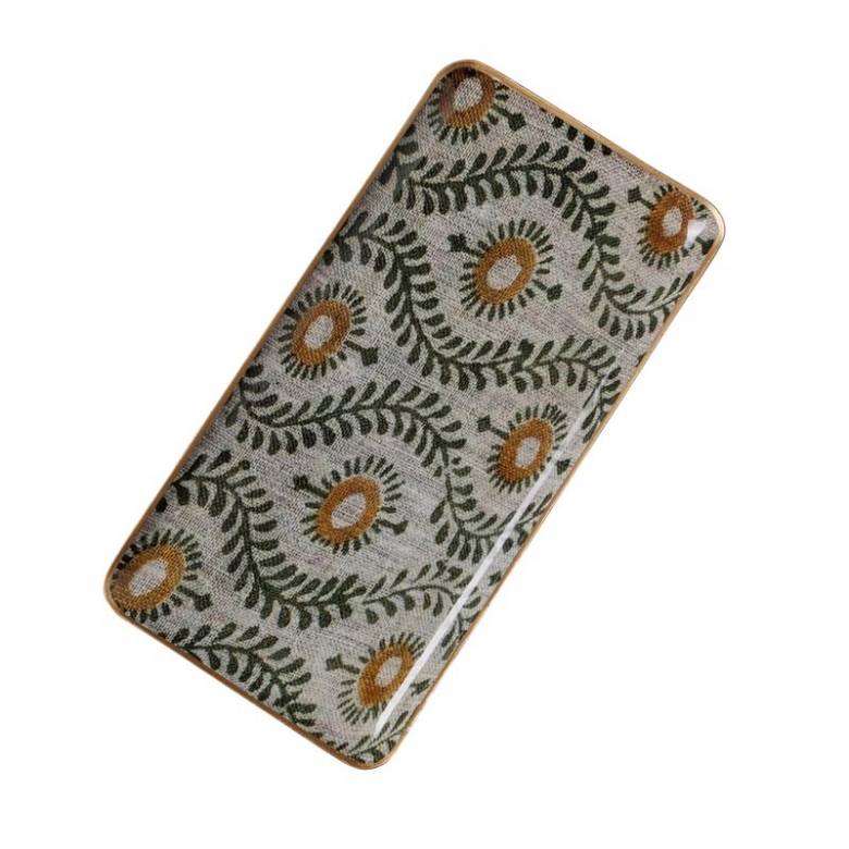 Long Metal Tray In Green & Grey Folk Print