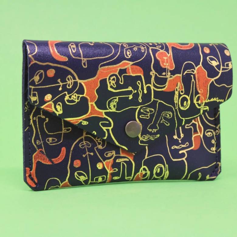 Many Faces Small Leather Card Holder In Navy