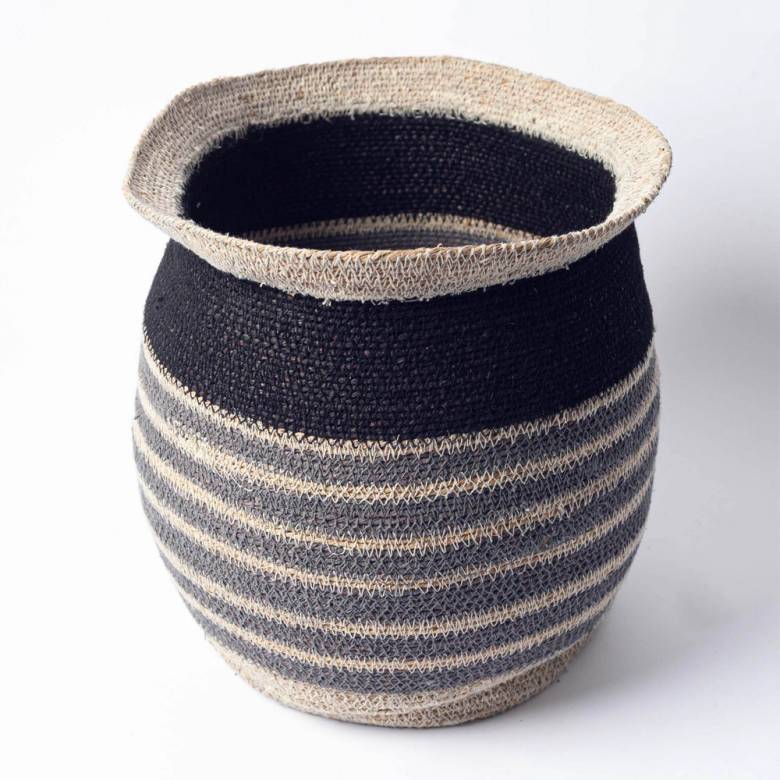 Medium Egg Shaped Seagrass Basket In Grey & Black Stripes