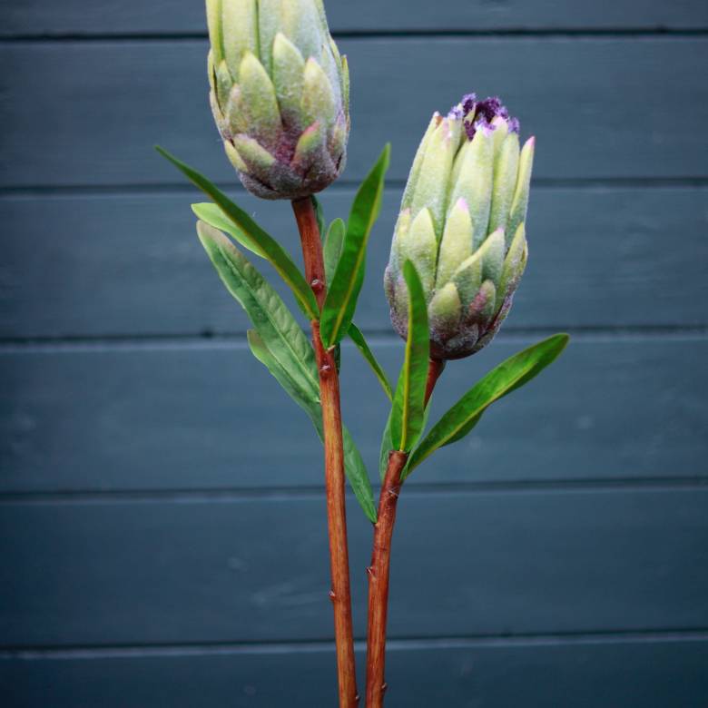 Faux Single Stem Green and Purple Mink Protea