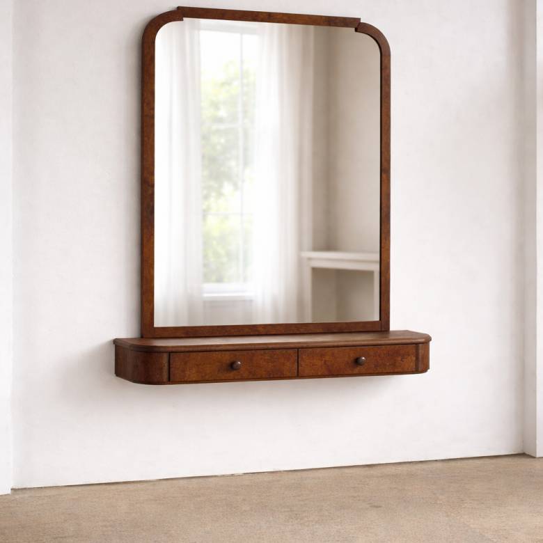 Wooden Burl Mirror With Floating Shelf & Drawers