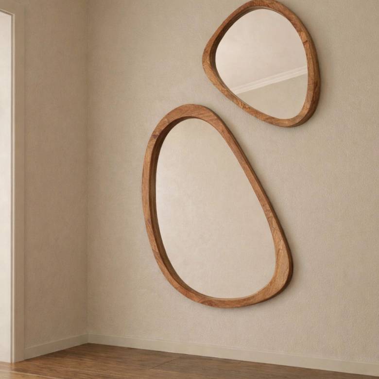 Large Organic Shaped Mirror With Wooden Back