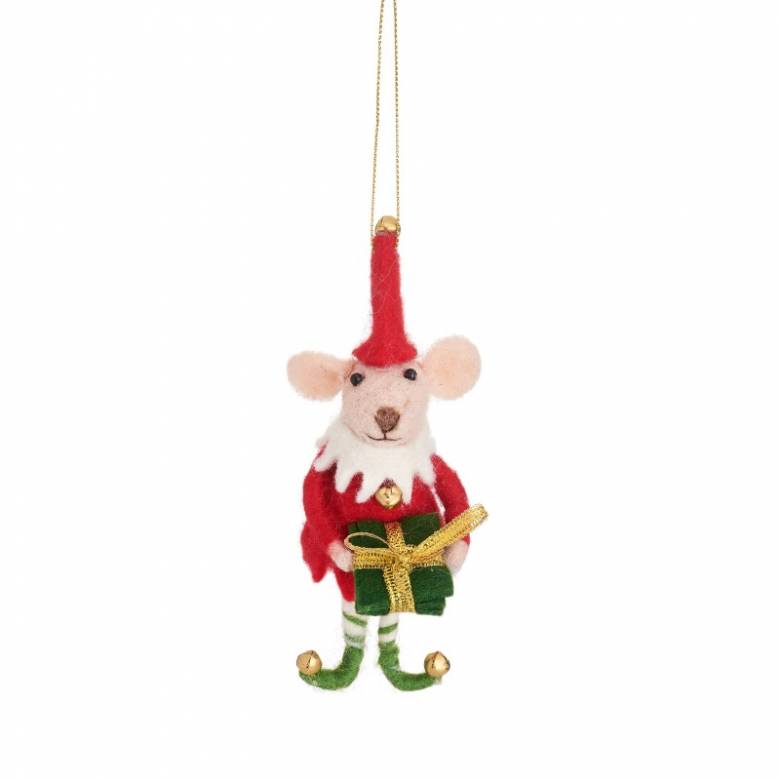 Mouse Elf With Present Felt Hanging Christmas Decoration