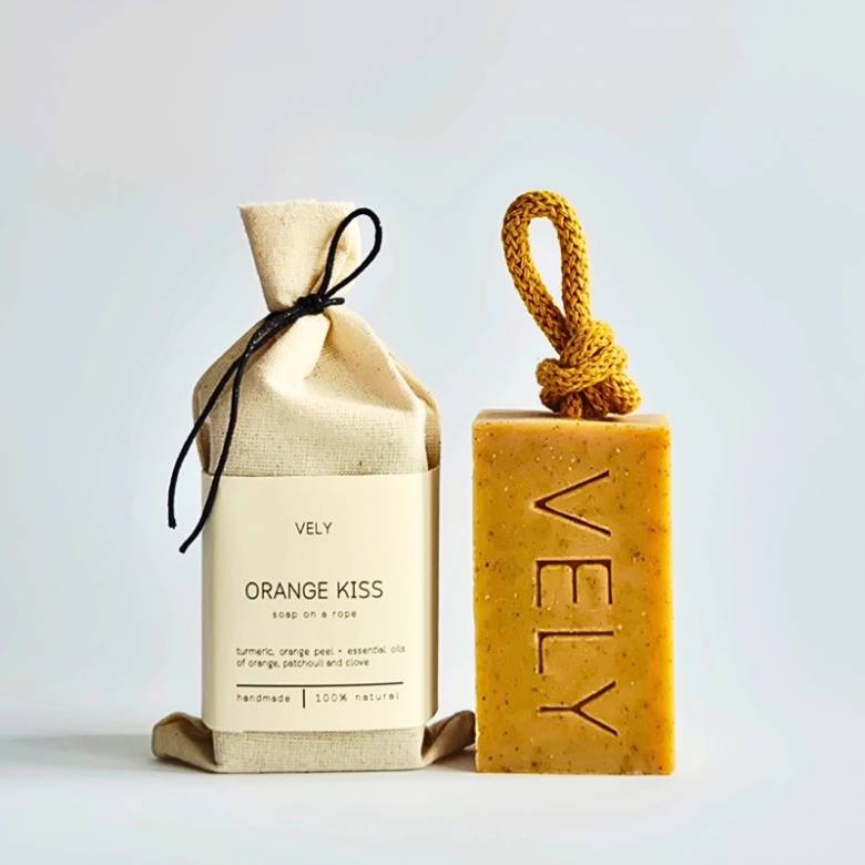 Natural Handmade Soap On A Rope - Orange Kiss 110g