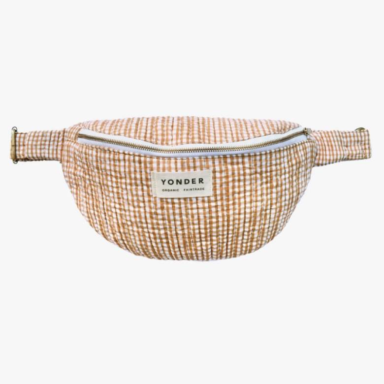 Organic Cotton Quilted Bum Bag In Toffee Gingham