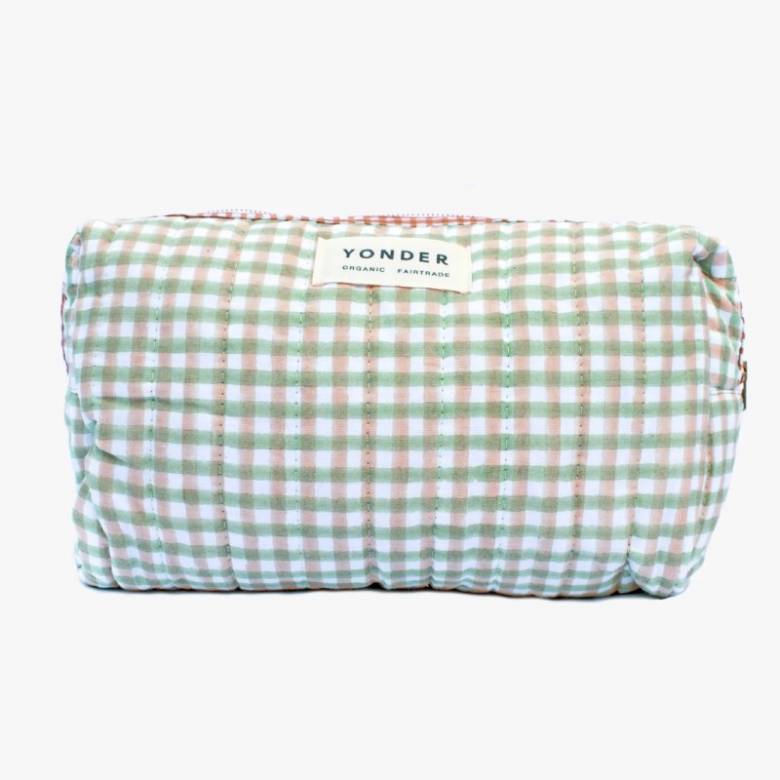 Organic Cotton Wash Bag In Sage Gingham