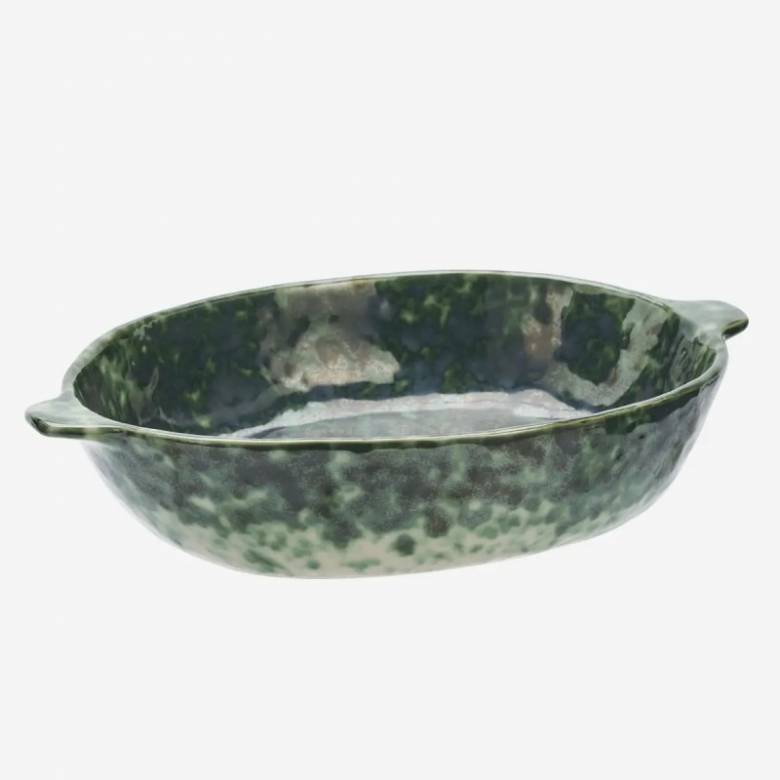 Oval Stoneware Oven Dish In Mottled Green