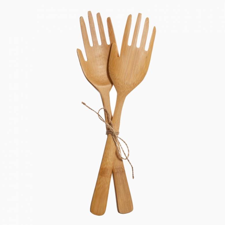 Pair Of Hand Shaped Bamboo Salad Servers