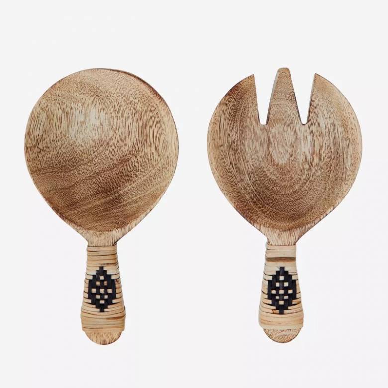 Pair Of Short Wooden Serving Spoons With Cane Decoration