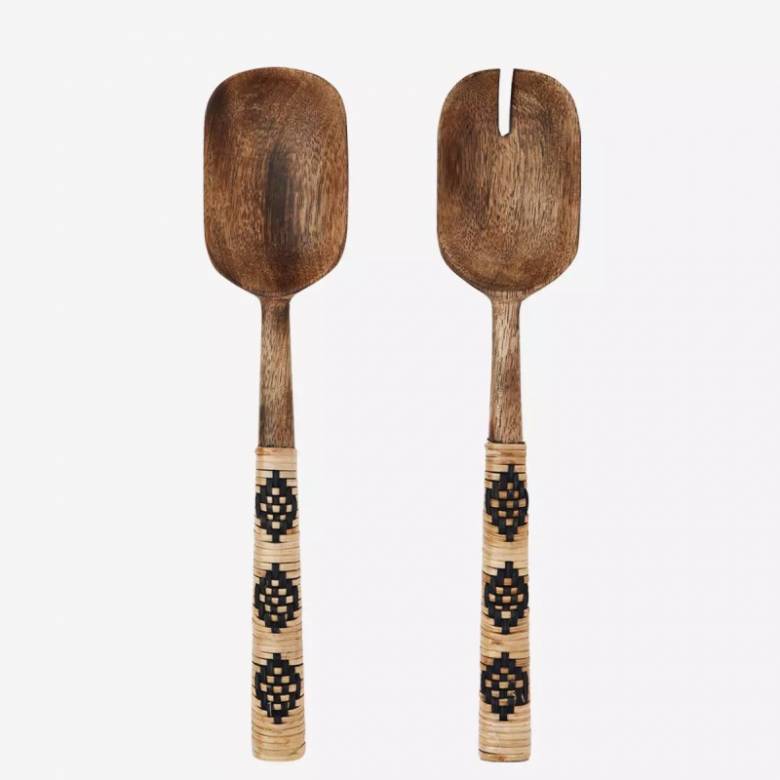 Pair Of Wooden Salad Servers With Bamboo Trim
