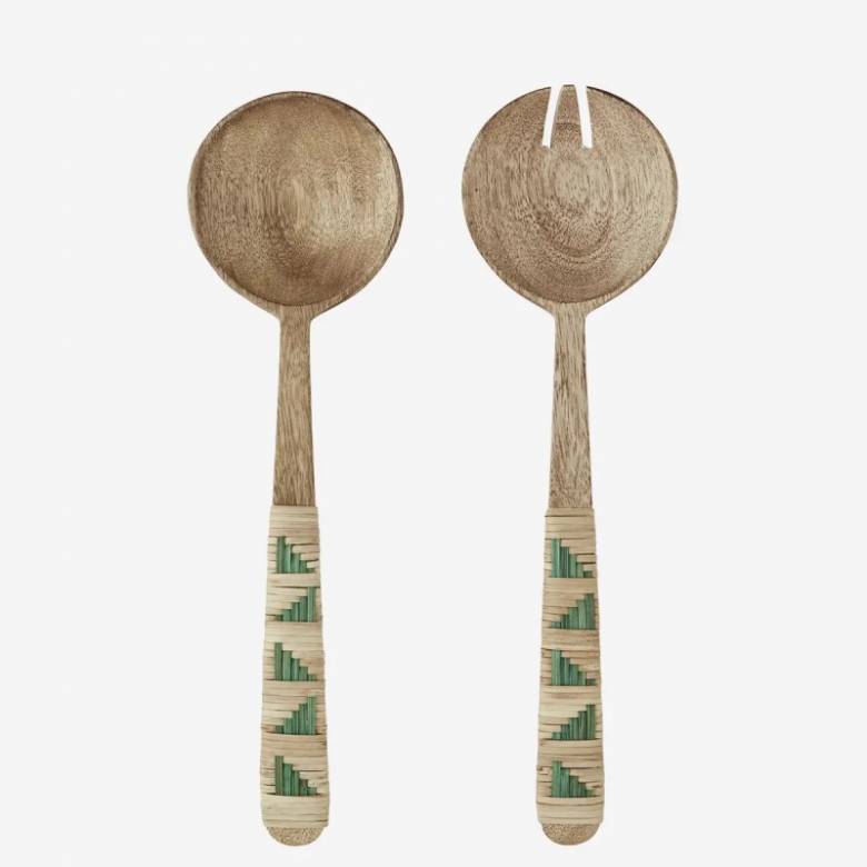 Pair Of Wooden Salad Servers With Green Bamboo Trim