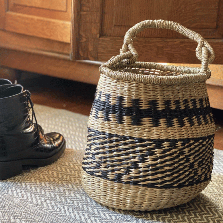 Woven Seagrass Basket With Handle & Black Decorative Pattern
