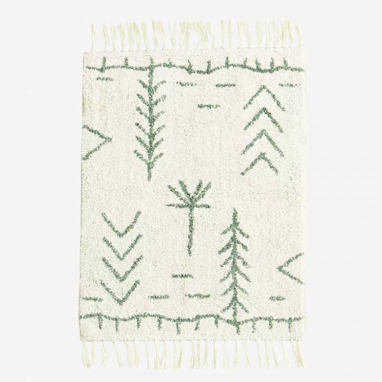 Patterned Bath Mat With Tassels In Ivory & Jade