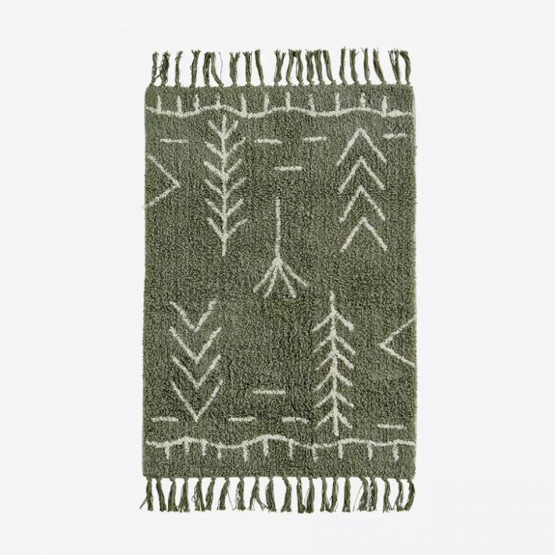 Patternered Bath Mat With Tassels In Sage Green
