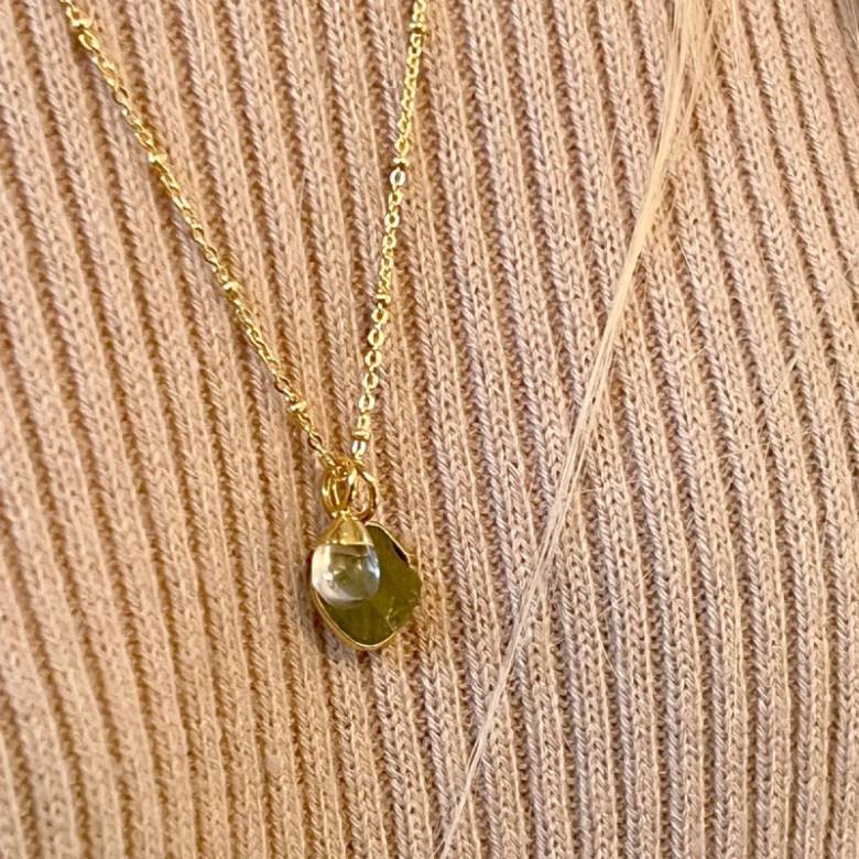 Peridot Slice Necklace With Crystal Drop On Satellite Chain
