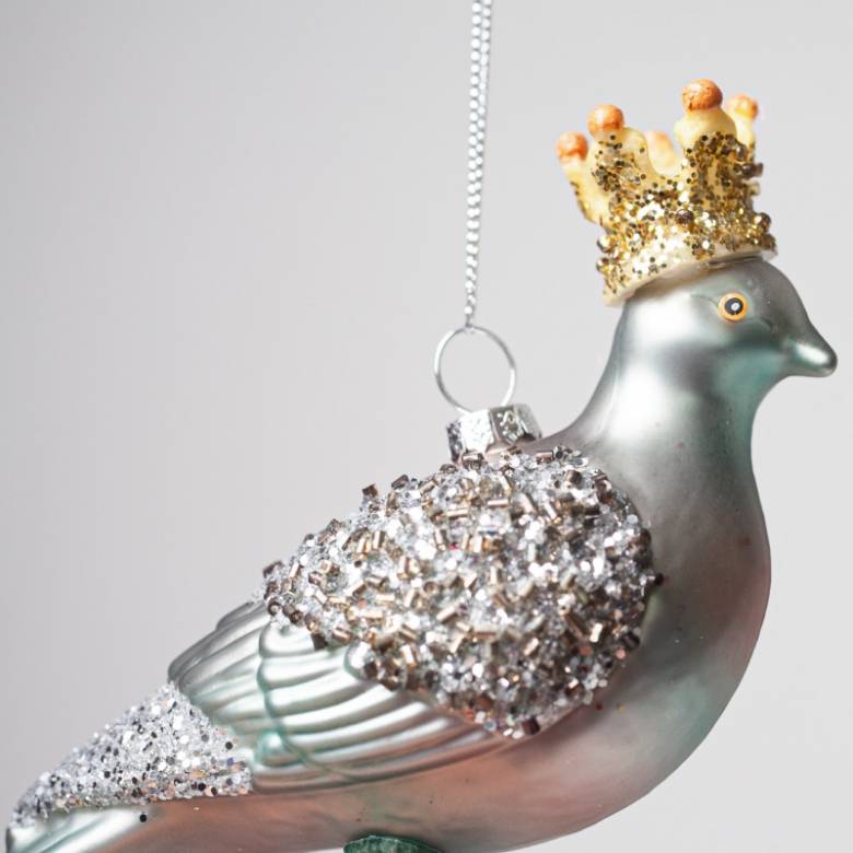 Pigeon With Crown Glass Hanging Christmas Decoration