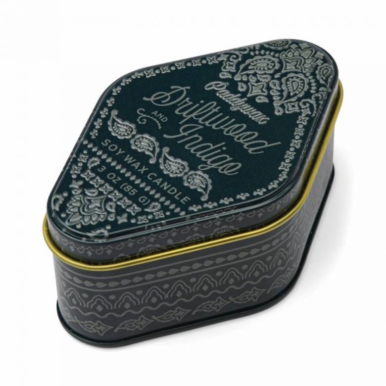 Candle In A Printed Tin - Driftwood Indigo