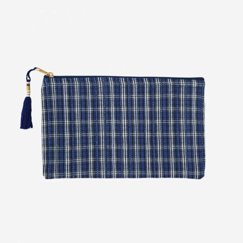 Quilted Cotton Pouch Bag In Blue Check