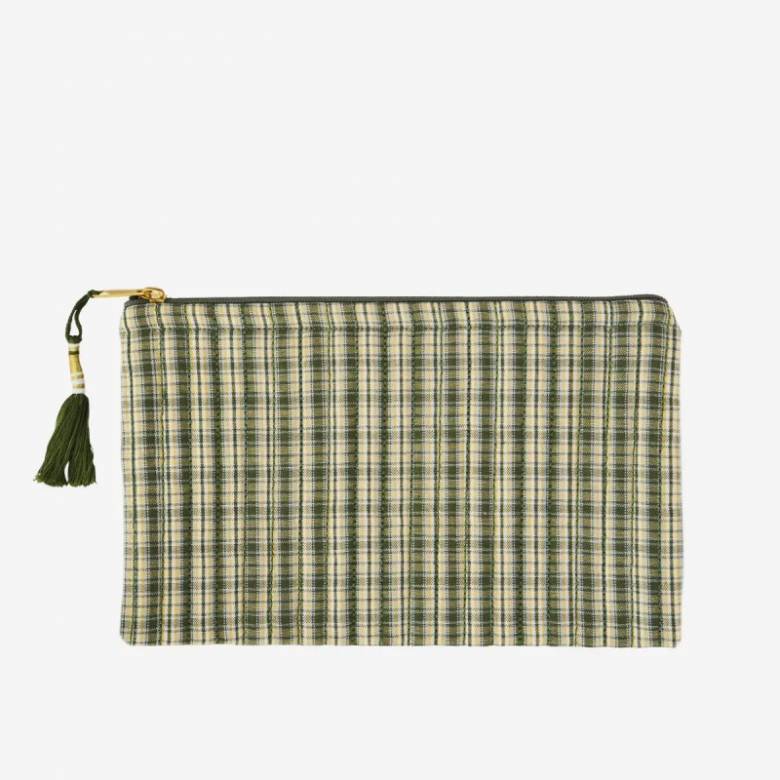 Quilted Cotton Pouch Bag In Green & Yellow Check