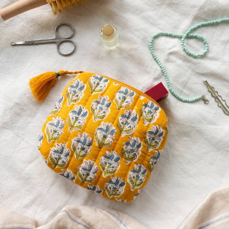 Quilted Pouch Bag In Yellow Block Print