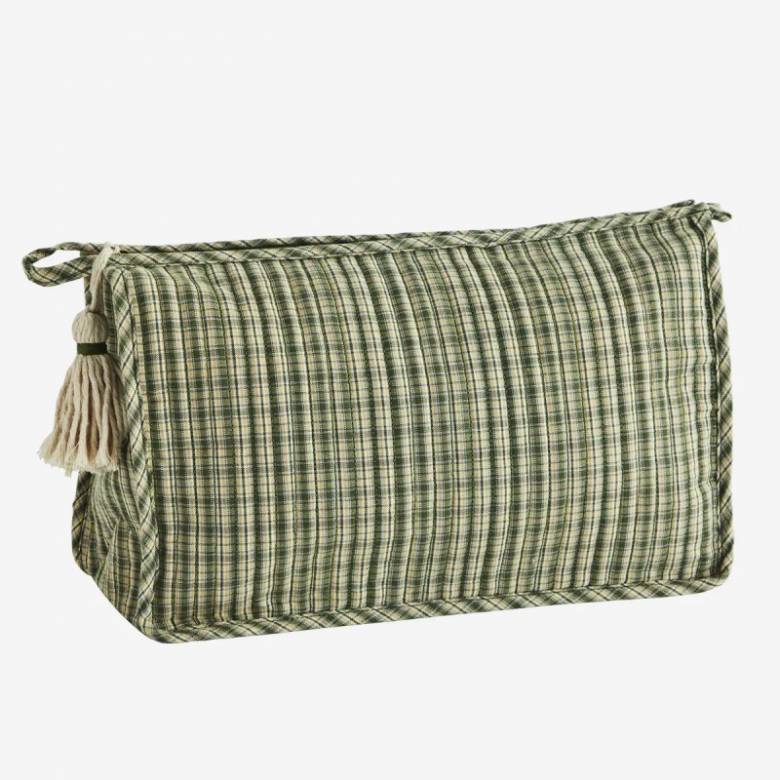 Quilted Wash Bag In Green & Yellow Check