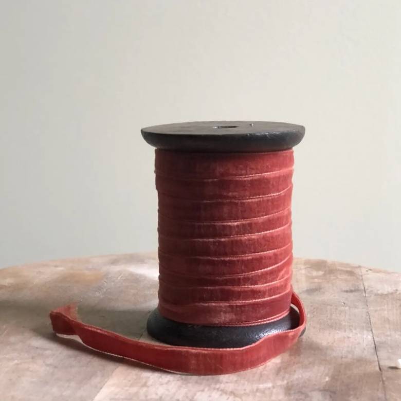 Reel Of Velvet Ribbon On Wooden Spool In Burnt Orange 10M