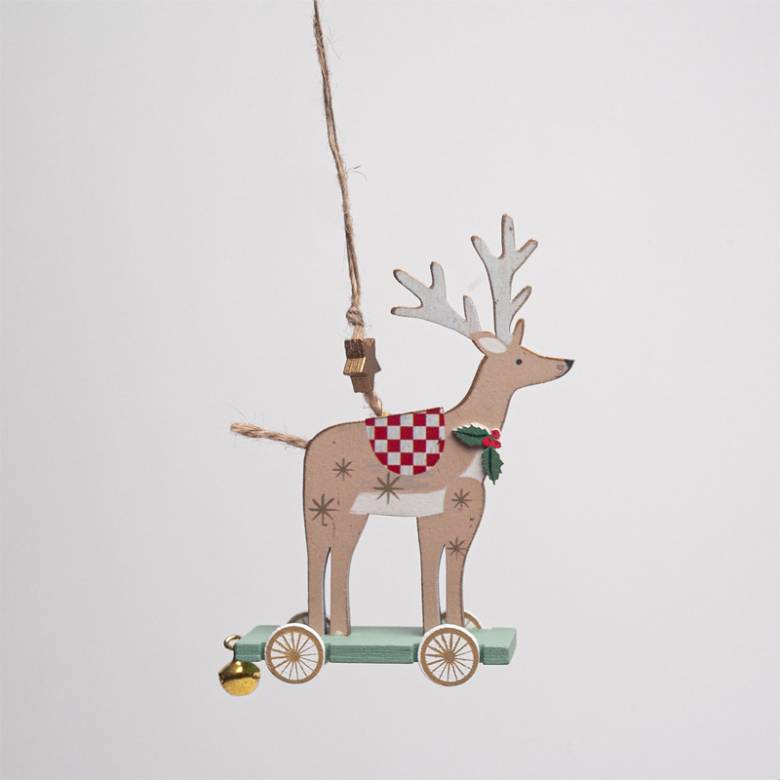 Wooden Reindeer On Wheels Hanging Christmas Decoration