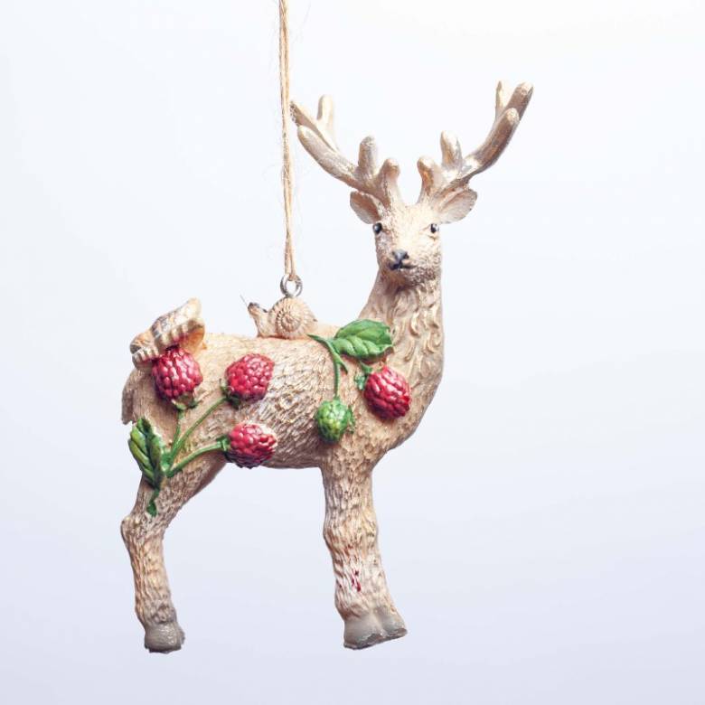 Resin Deer With Berries Hanging Christmas Decoration