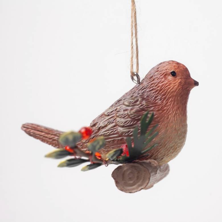 Resin Robin On Holly Log Hanging Christmas Decoration