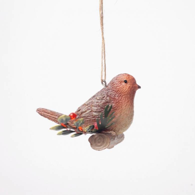 Resin Robin On Holly Log Hanging Christmas Decoration