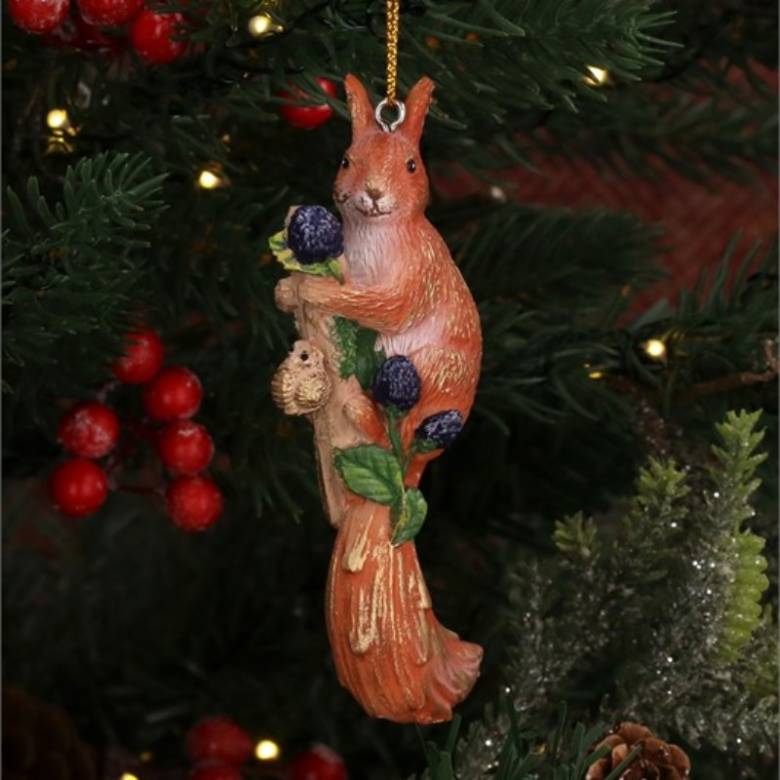 Resin Squirrel With Berries Hanging Christmas Decoration