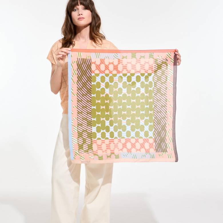 Khaki Pink Pollen Square Cotton Scarf