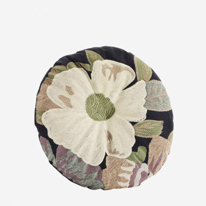 Round Embroidered Floral Cushion In Black