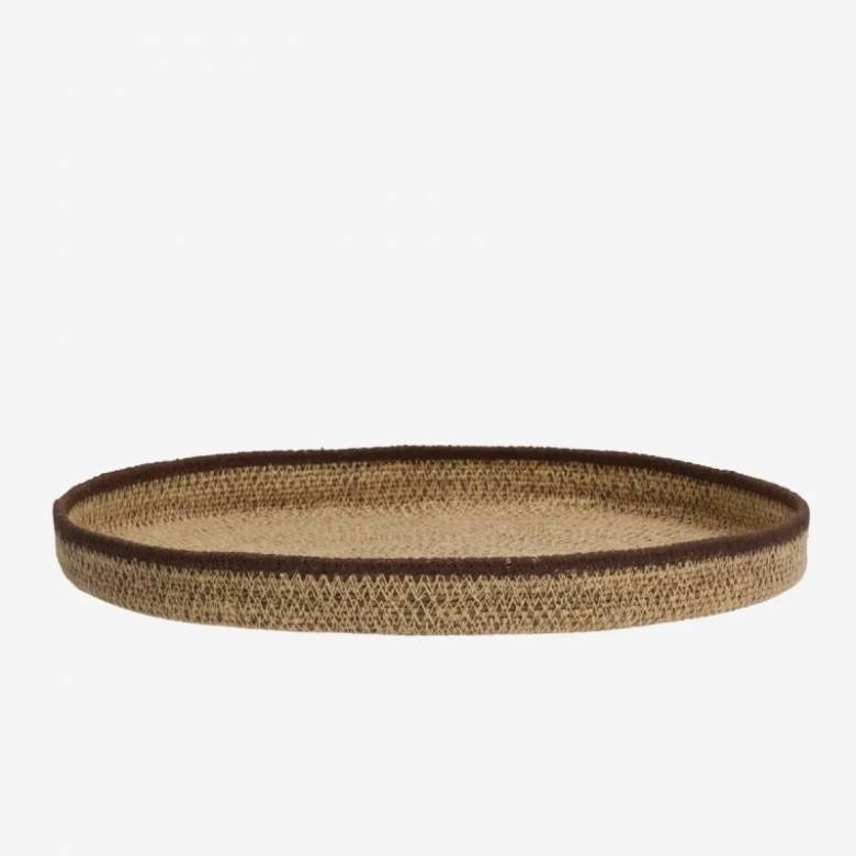 Round Seagrass Tray In Peach With Brown Trim
