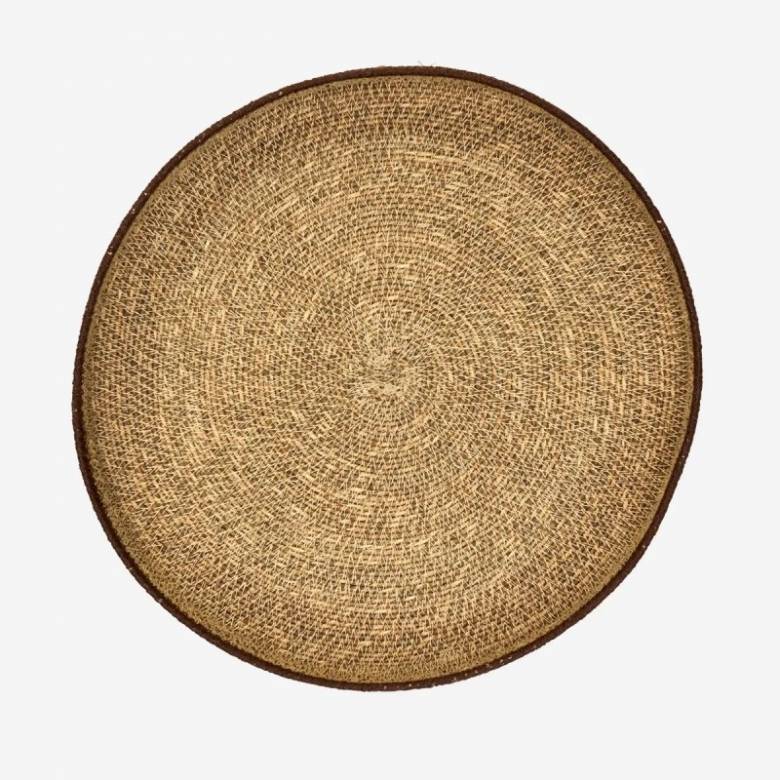 Round Seagrass Tray In Peach With Brown Trim