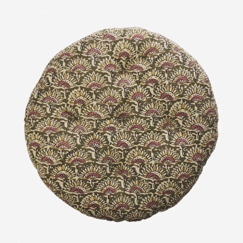 Round Seat Pad Cushion In Olive & Rose Block Print