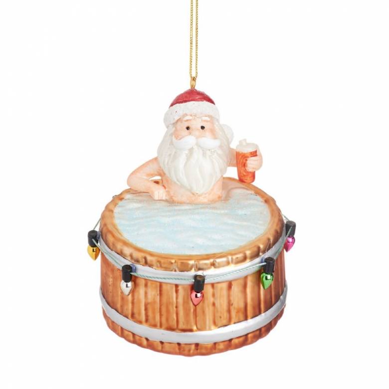 Santa In A Hot Tub Glass Hanging Christmas Decoration